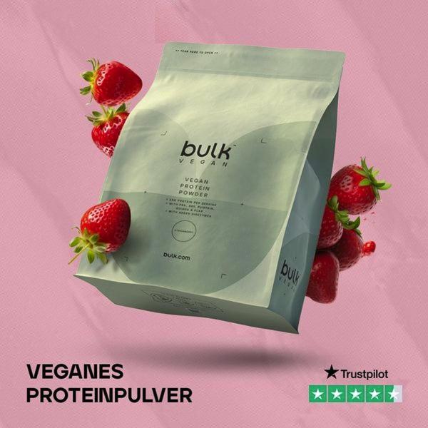 A high-contrast, clean 1:1 square creative featuring a floating bag of vegan protein powder surrounded by fresh strawberries and a 5-star rating.